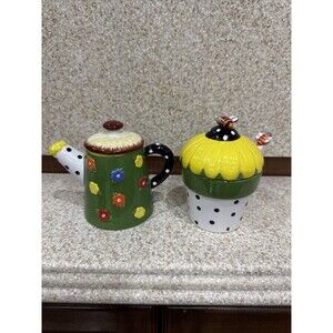 Carol Eldridge Creamer and Sugar Bowl Whimsical Seuss Festive Floral Polka Dots